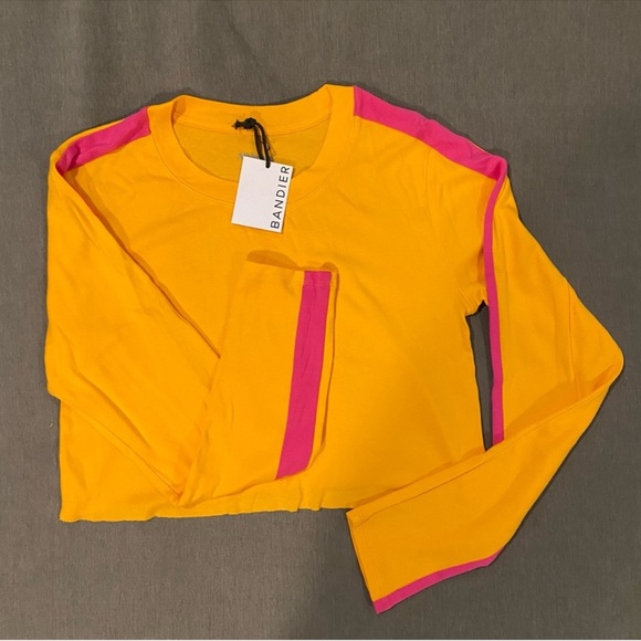 NWT BANDIER ALL ACCESS LONG SLEEVE CROP TOP ORANGE WITH PINK STRIPE - Picture 3 of 7